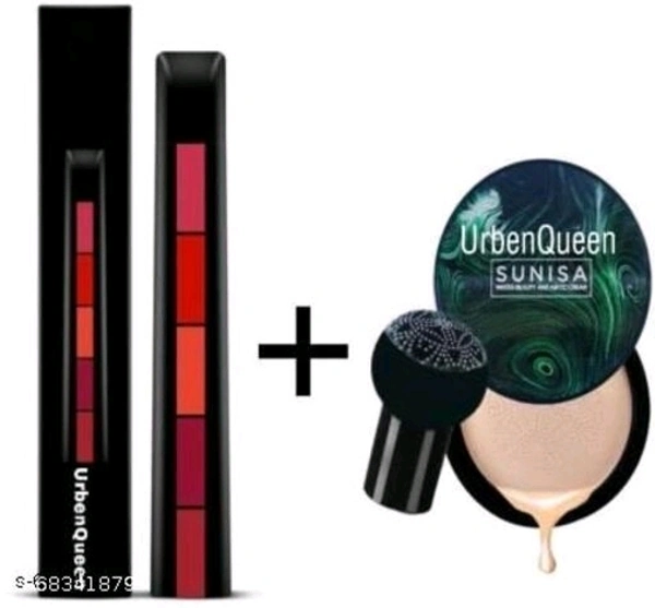 COMBO PACK OF  Sunisa 3 in 1 Air Cushion Mushroom Head CC Cream Foundation WITH 5 in 1 lipstick ( 5 shades of lipstick) (pack of 2 items in the set)