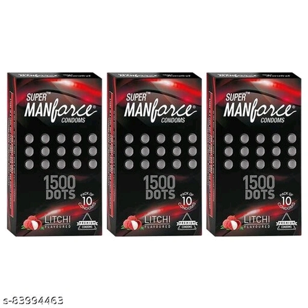 Manforce Litchi 1500 Dots Flavoured & Dotted for Extra Stimulation Condom - pack of 3 (10 pcs each)