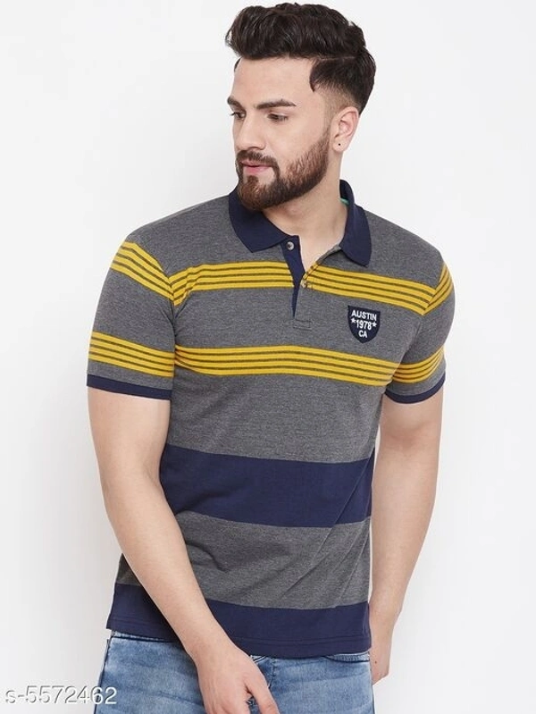 Austin Wood Men's Grey Striped Polo Neck T-shirt - XXXL