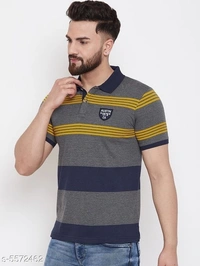 Austin Wood Men's Grey Striped Polo Neck T-shirt - XXXL