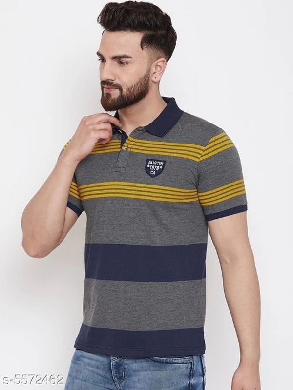 Austin Wood Men's Grey Striped Polo Neck T-shirt - XXXL