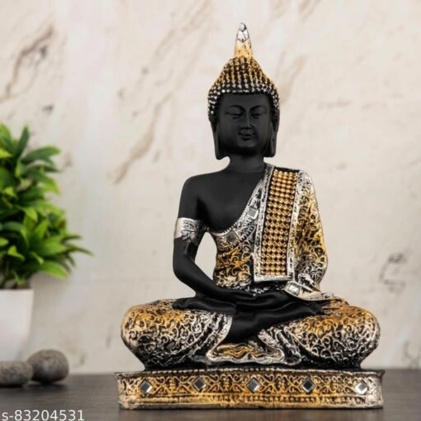 Global Grabbers Polyresin Sitting Buddha Idol Statue Showpiece For Home Living Room Bedroom Decor Decoration House Warming Gift Gifting Items-(SIL2_BLK-BS2)