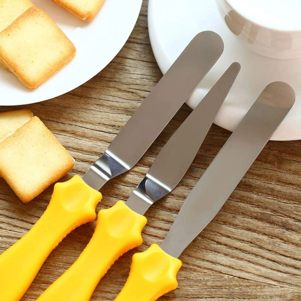  3-in-1 Multi-function Stainless Steel Cake Icing Spatula Knife Set of 3 Pieces (Multicolour)
