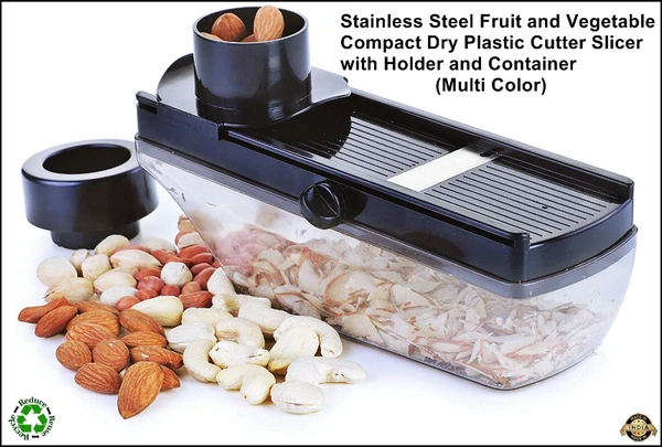 Fruit and Vegetable Compact Dry Plastic Cutter Garlic Ginger Slicer Cutter Grater with Hand Guard Holder and Transparent Container with Adjustable Stainless Steel Blade for Home Kitchen.. (Multi Color) 