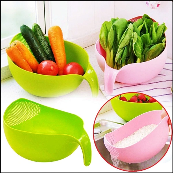 Kitchen Rice Bowl Plastic Fruit Bowl Thick Drain Basket with Handle Washing Basket for Home Kitchen Supplies High Quality (Multicolor) 