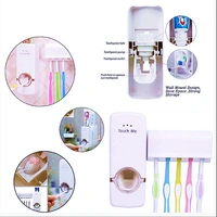 Hands Free Wall Mounted Plastic Dust Proof Automatic Toothpaste Dispenser with Detachable 5 Toothbrush Holders 