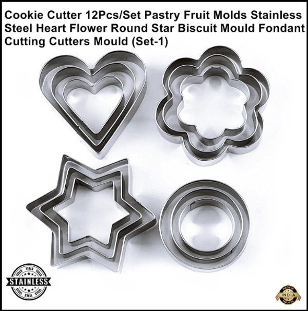 Cookie Cutter 12Pcs/Set Pastry Fruit Molds Stainless Steel Heart Flower Round Star Biscuit Mould Fondant Cutting Cutters Mould (Set-1)