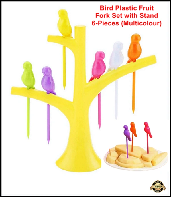 Bird Plastic Fruit Fork Pack with Stand, 6-Pieces (Multicolour) 