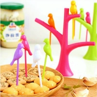 Bird Plastic Fruit Fork Pack with Stand, 6-Pieces (Multicolour) 