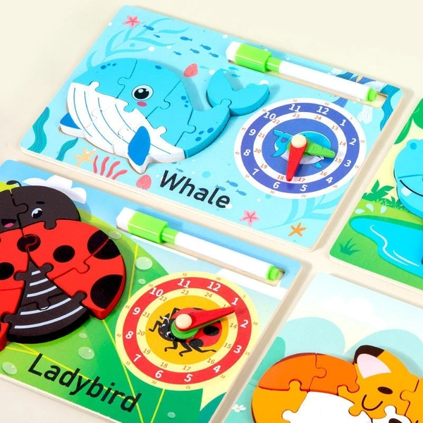 New wooden board with puzzle n clock toy Whiteboard on the back.Design random only