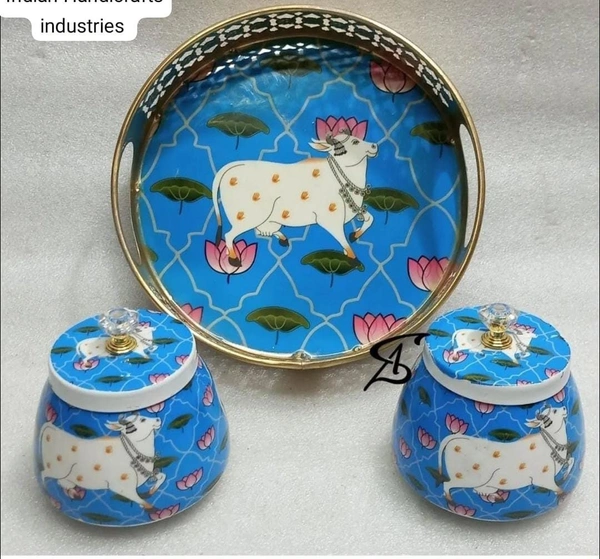New pichwai round tray set Tray size 8 inch 2 jars 4 inch each. Single color available