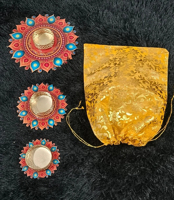 Tea light holders set of 3 in potli packing  Wax tealight included  Size 6/4/3 inches.best for budget gifting for ganesh chaturthi n diwali