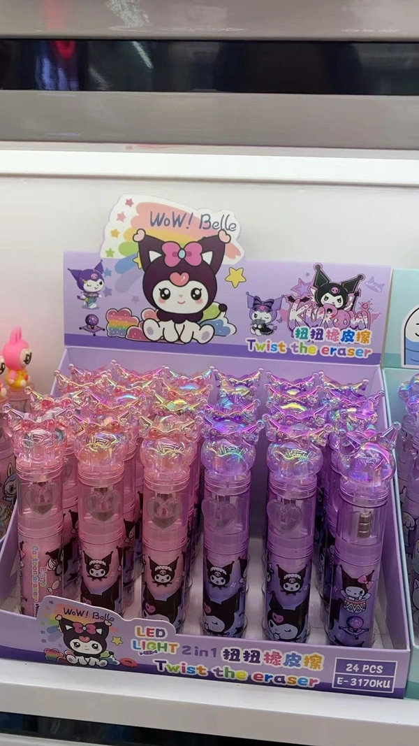 Push n twist led push eraser. Only character choice possible color random only Character available unicorn, hello kitty, kuromi, capybara and stitch - Kuromi