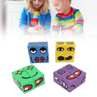 FACE CHANGING PUZZLE GAME  The set comes with 16 different wooden emoji cubes and multiple expression cards.