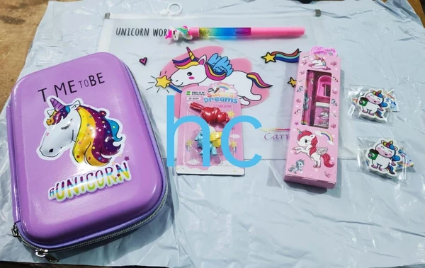 Homeoculture Unicorn pouch combo 1 A4 size pouch 1 smiggle stationery pouch 1 water glitter pen 1 stationery kit 2 erasers 1 eraser set Color random