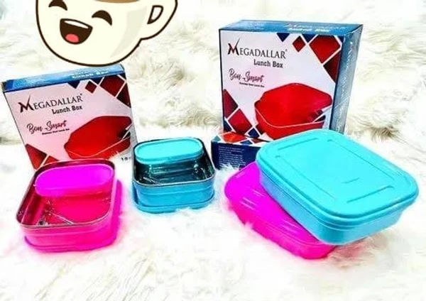 Budget steel lunch box with veg dibbi and spoon Box packing  Colors mix