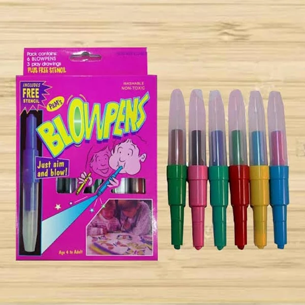 Blow Pens 🌬️  Includes 6 Blow Pens 3 play Drawings 1 stencil