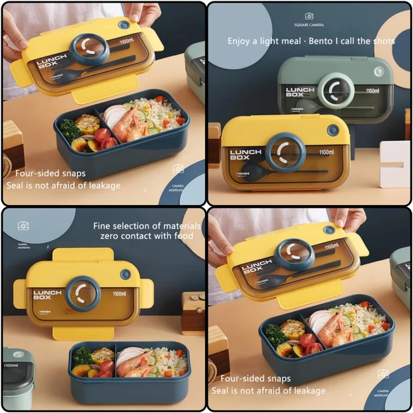 Homeoculture Camera Lunch box 2 compartments with spoon and fork (1100 ml )
