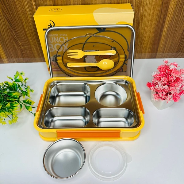 Homeoculture Stainless steel 4 section bento lunch box With leak proof round bowl Spoon and fork included  Vibrant color