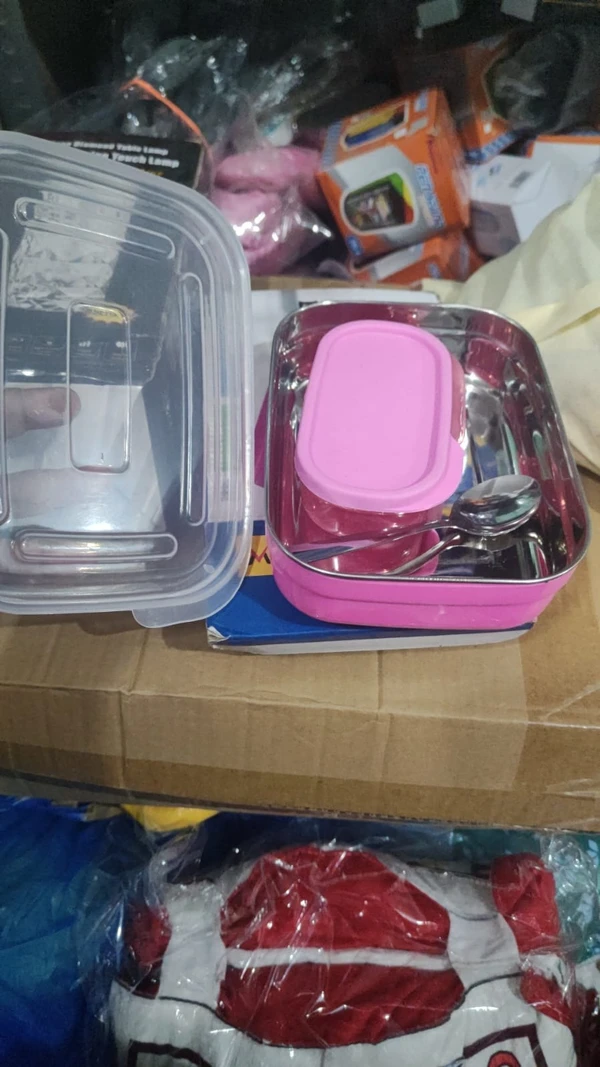 Budget steel lunch box with veg dibbi and spoon Box packing