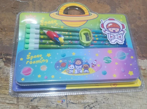 New space theme stationery set Contains 1 metal geometry 5 pencil with eraser heads 1 space eraser Sharpener