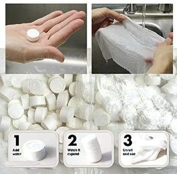 40 Pcs Disposable Compressed Towel Tissue  Material: Natural Fiber. Product Weight: 50 gms Packaging Dimensions: 10cm x 8cm x 3cm Package Content: 40 Pc Compressed Tablet Tissue, Color: White,  Made from 100% natural fibers, safe for skin