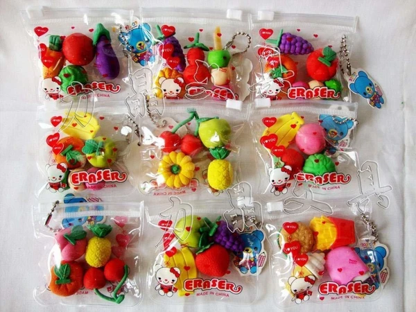 Homeoculture Fruit erasers in cute pouches set of 9