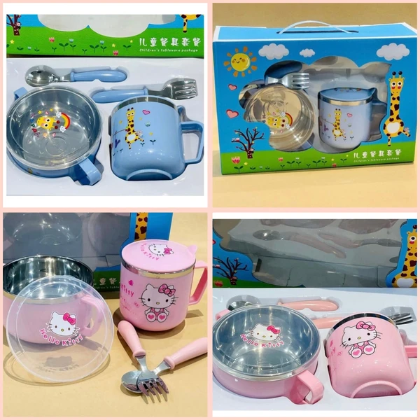 Kids steel cutlery set ( hello kitty / doremon and animal prints available) ( 1 steel mug with cap + bowl with cap+ spoon +fork )