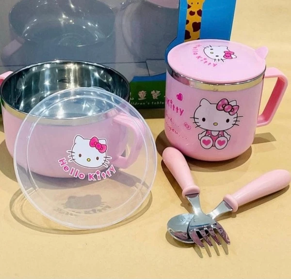 Kids steel cutlery set ( hello kitty / doremon and animal prints available) ( 1 steel mug with cap + bowl with cap+ spoon +fork )