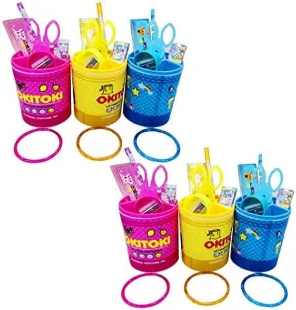 Last 10 pcs  new pen stands with stationery included 1 paper scissor, 2 pencils, eraser, scale, sharpener Color random only