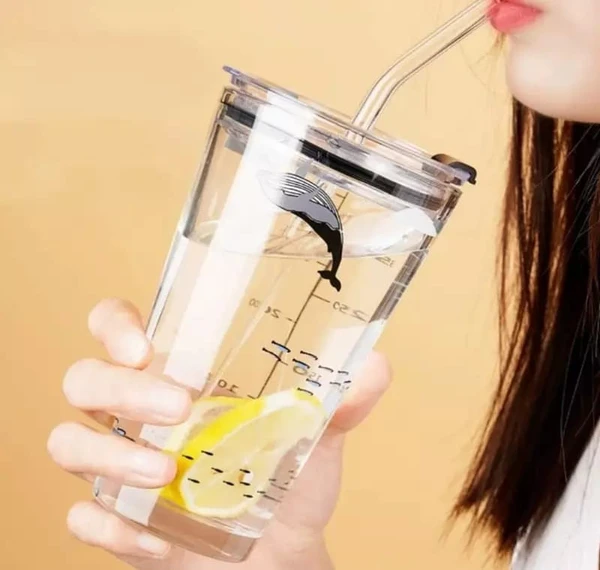 New glass tumbler with straw and airtight lid  Capacity 450 ml