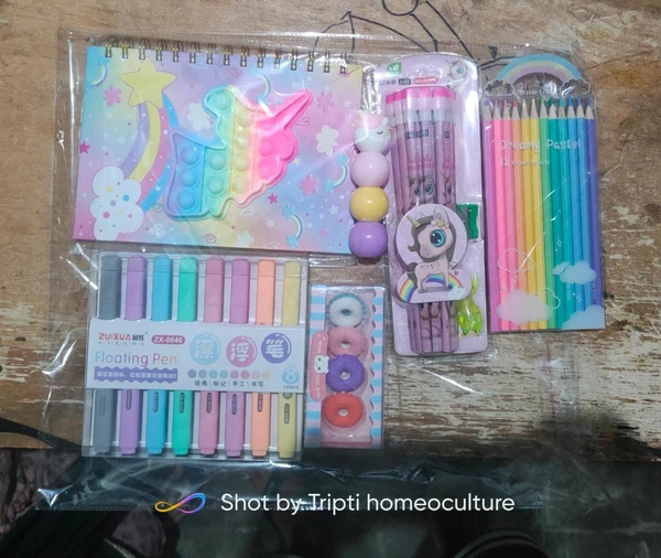 Homeoculture New unicorn rainbow 🌈 combo 1 unicorn popit diary 1 set of imported floating pens 1 set of 4 erasers (random) 1 unicorn 3 in 1 highlighter 1 set of 12 pencils eraser sharpener 1 set of rainbow pencils