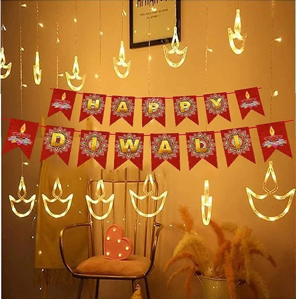 Homeoculture Diwali Diya Curtain Lights, String Lights with 12 Hanging Diya 138 LED String led Light 2.5 Meter, 8 Flashing Modes, Decoration, Festive Home Décor