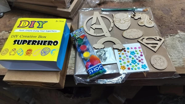 Homeoculture New superhero diy kit with keychain, 7 mdf cutout, paint set, brushes, stones n more