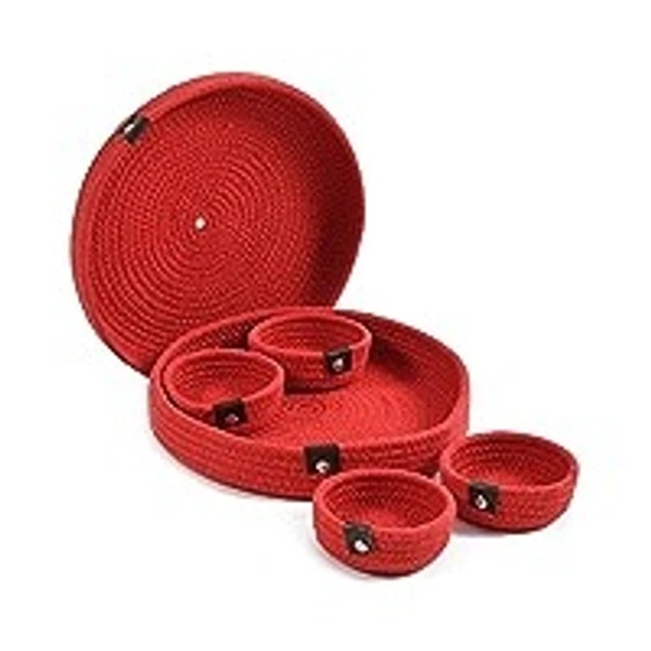 Jute Natural Handmade Rope Dry Fruit Container Tray for Your Home & Kitchen (1 Lower Tray, 4 Bowl 1 Tray Cover)