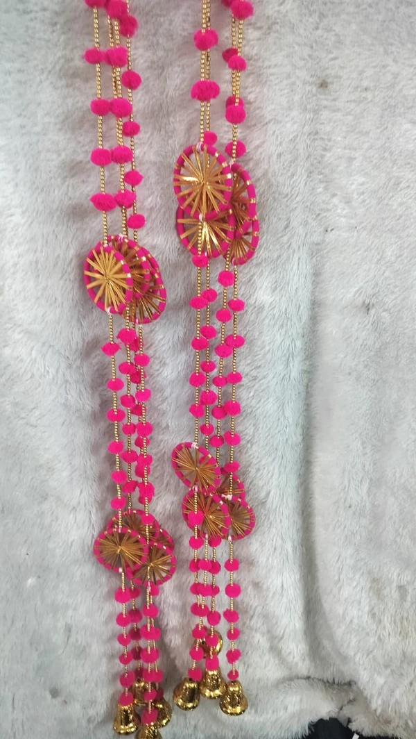 Pink chakri pompom bell hangings  8 pc available 5 feet each