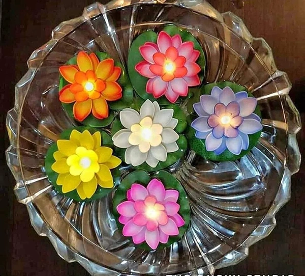 Color Floating Lotus Flower Shape Tea Light Diya Candles for Diwali Gift, New Year Home Decoration Batteries Included, Water Sensor Smokeless Artificial