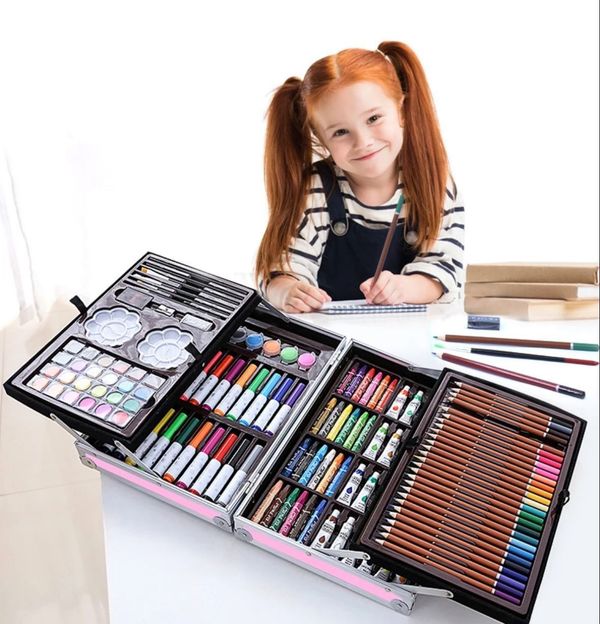 145 pc coloring suitcase pencil colors, water colors, brushes, sketch pens, oil pastels, Coloring tray  sets