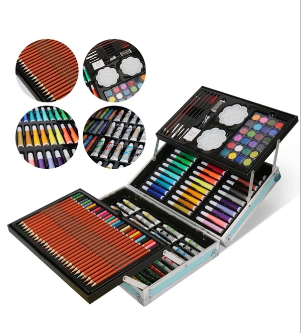 145 pc coloring suitcase pencil colors, water colors, brushes, sketch pens, oil pastels, Coloring tray  sets