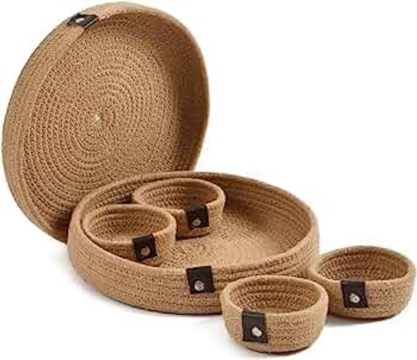 Jute Natural Handmade Rope Dry Fruit Container Tray for Your Home & Kitchen (1 Lower Tray, 4 Bowl 1 Tray Cover) Color random only