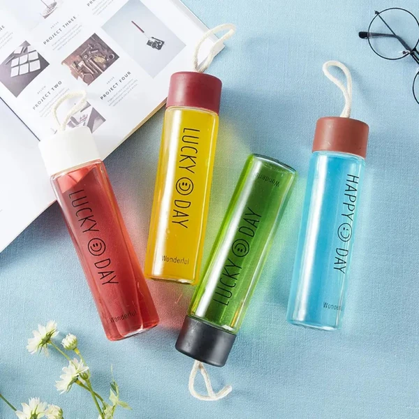 Transparent Printed Sport Glass Bottle | 400 ML | Leak-Proof |Assorted Colors & Prints | Box Packing