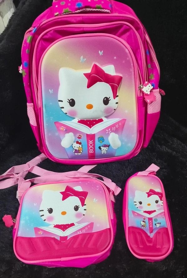 3 Pc Combo School bag 🎒  16 Inches 3 Zipper Schoolbag With 3d pencil Pouch & insulated Lunch Bag cum sling