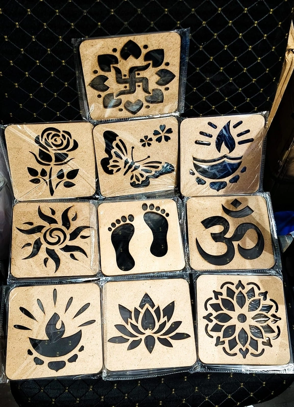 Mdf rangoli stencils set of 10. 6 inches  Pls note every set has 10 different designs ( no choice possible) Loose not available