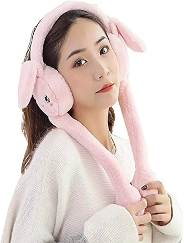 Premium Foldable (With Blinking Light) Moving Earmufuffs With Rabbit Ear In Winter Windproof Girls Ear Warmer Plush Knitted Ear Muffs Hairy Rabbit Ear  ear woolen hairband  with light  Color random only
