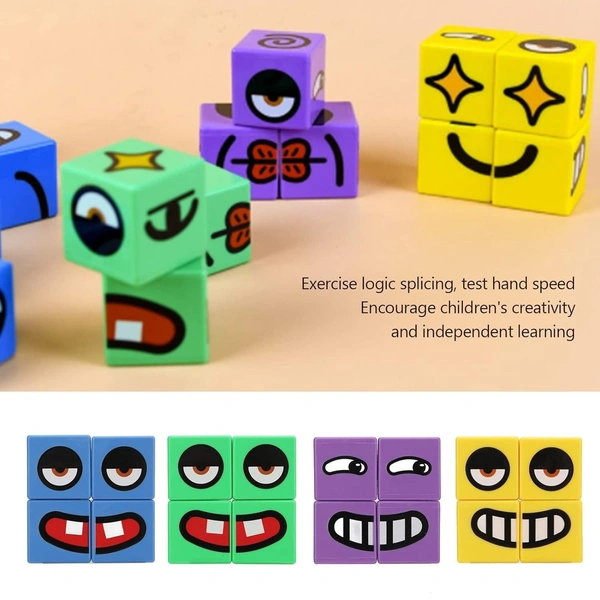 FACE CHANGING PUZZLE GAME  The set comes with 16 different wooden emoji cubes and multiple expression cards.