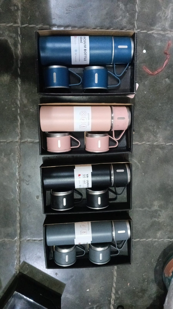 Vaccum Flask Set   Stainless Steel Thermo Flask Gift Set - 500ml Vacuum Insulated Bottle with Two Cups - Hot & Cold Drinks - Multi Colors  Real pic shared