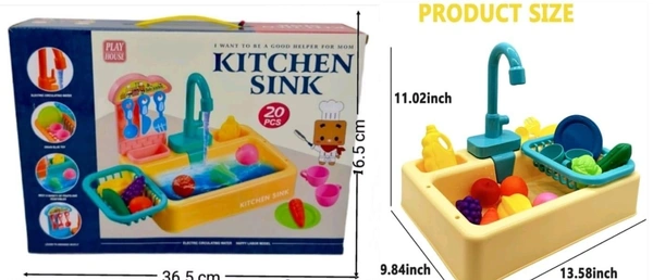 Pretend Play Kids Kitchen Sink Toys Set with Flowing Water Learning Gifts Boys Girls Simulation Dishwasher Work Tap & Drain Gifts
