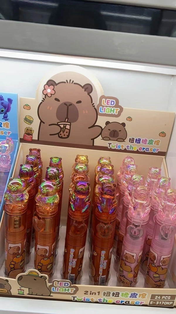 Push n twist led push eraser. Only character choice possible color random only Character available unicorn, hello kitty, kuromi, capybara and stitch - Capybara