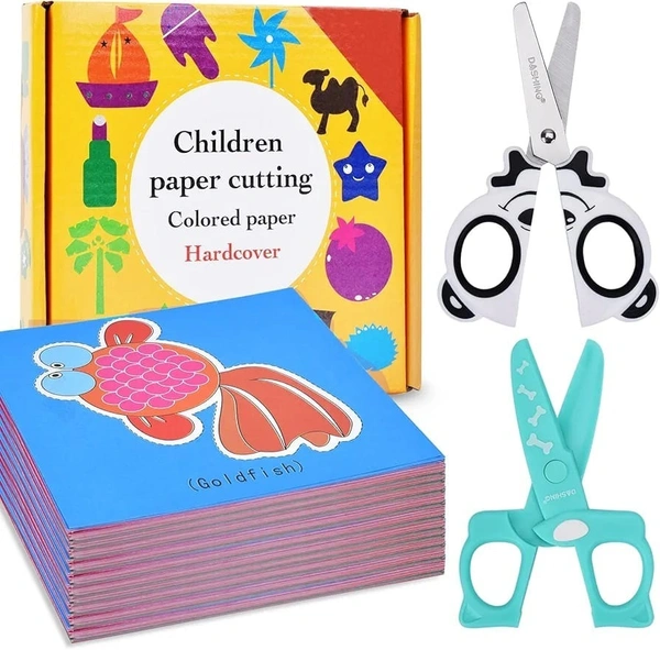 Children's Paper Cut Set, Scissors Craft Set for Children, DIY Scissors Skills for Children, Early Learning Development Toy in Nursery, Children's Safety Scissors + 48 Sheets of Paper