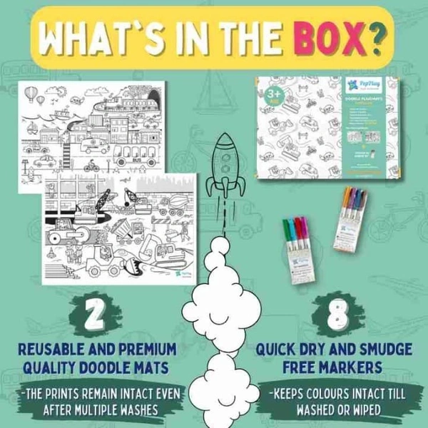 New doodle mats diy kit Reusable 2 themes available vehicle and animal Included in box are 2mats and markers 